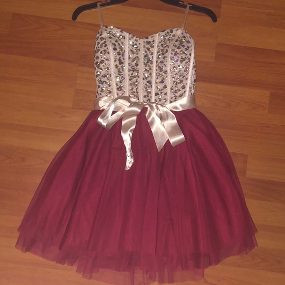 burgundy and gold homecoming dress